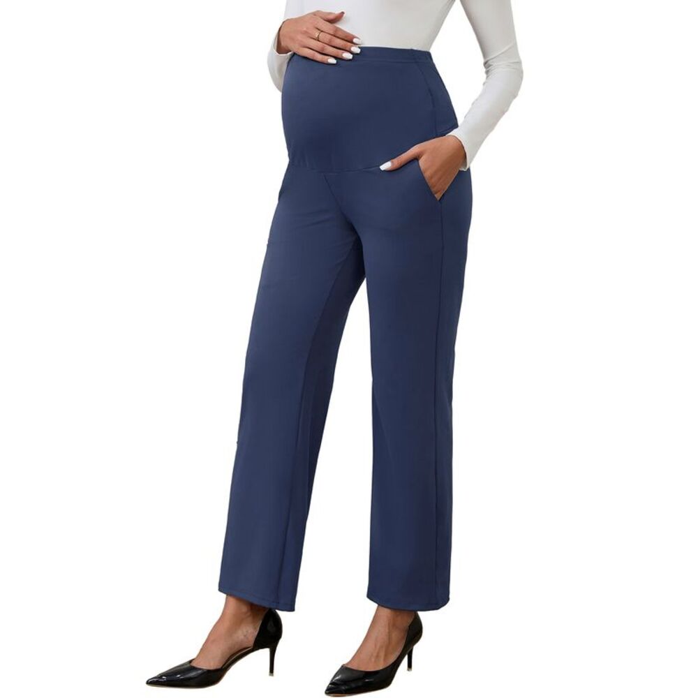 Wide Leg Maternity Over Belly Elastic Stretch Trousers with Pockets Navy Blue